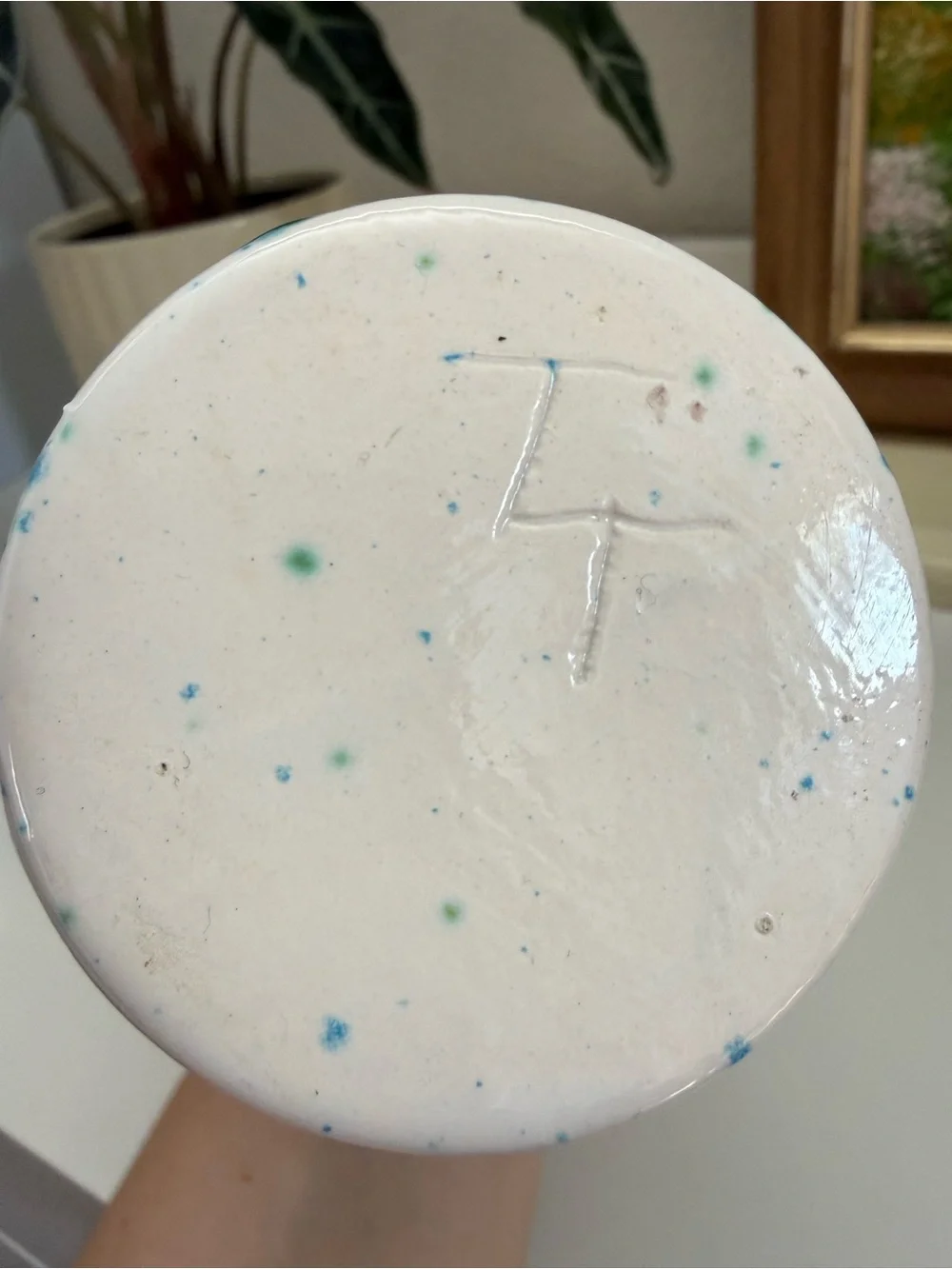 Handmade Signed White Ceramic Vase with Teal Blue Speckle